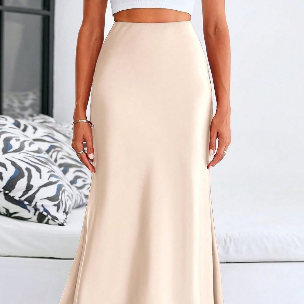 Beige Casual Women's High Waist Flared Long Satin Silk Maxi Skirt - Picture 4 of 4